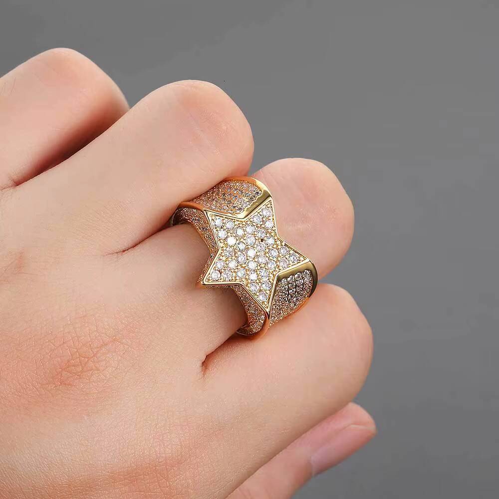 HipHop Mens Jewelry Full of Diamond Star Ring Real Gold Plating Iced Out Personality Micro Inlaid Zircon Ring