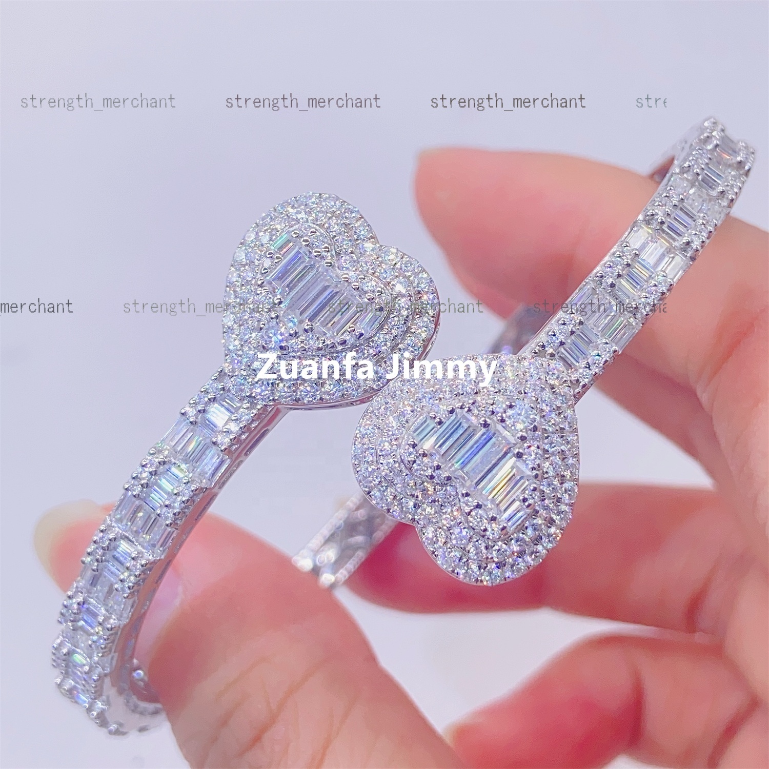 Pass Diamond Tester Moissanite Hip Hop Jewelry 925 Sterling Silver White Gold Plated Heart Baguette Moissanite Bangle Bracelet