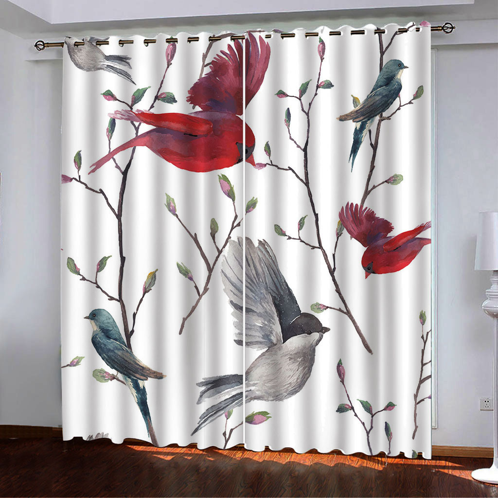 YL-37959 Floral and Bird Line Series Curtain Spring 3D Digital Print High-Density Blackout Curtains
