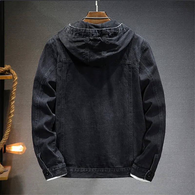 Spring Autumn Mens Hooded Denim Jacket Windproof Casual Coats Male Large Pocket Sports Denim Jackets Solid Fashion Streetwear 251213