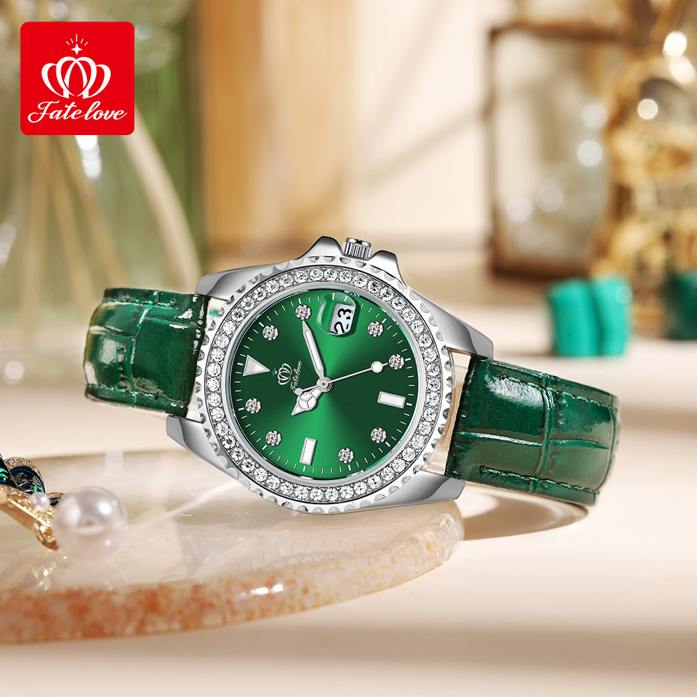 Fatelove Moissanite Inlaid Designer Watch With Green Dial Luxurious And Fashionable Women's Watch Leather Strap Quartz Men's Watch Waterproo