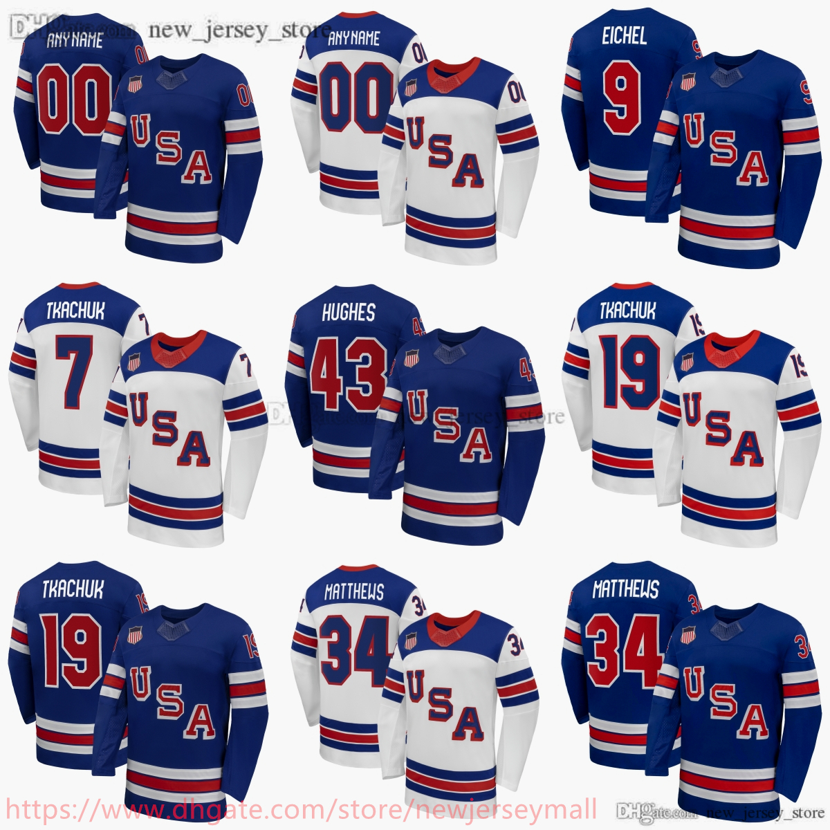 2026 New Team USA Ice Hockey 34 Auston Matthews Jersey Embroidery 19 Matthew Tkachuk 9 Jack Eichel 43 Quinn Hughes 7 Brady Tkachuk Jerseys Royal Home White Away Replica