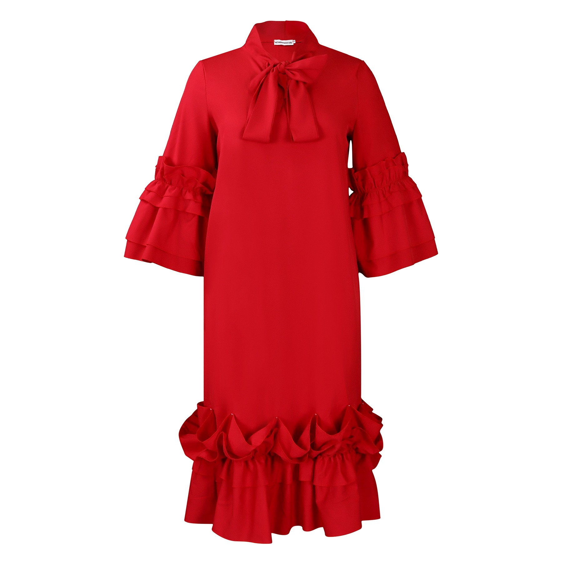 K6506 Summer/Autumn New Fashionable Casual Style Ruffled Bell Sleeve Plus Size Export Dress