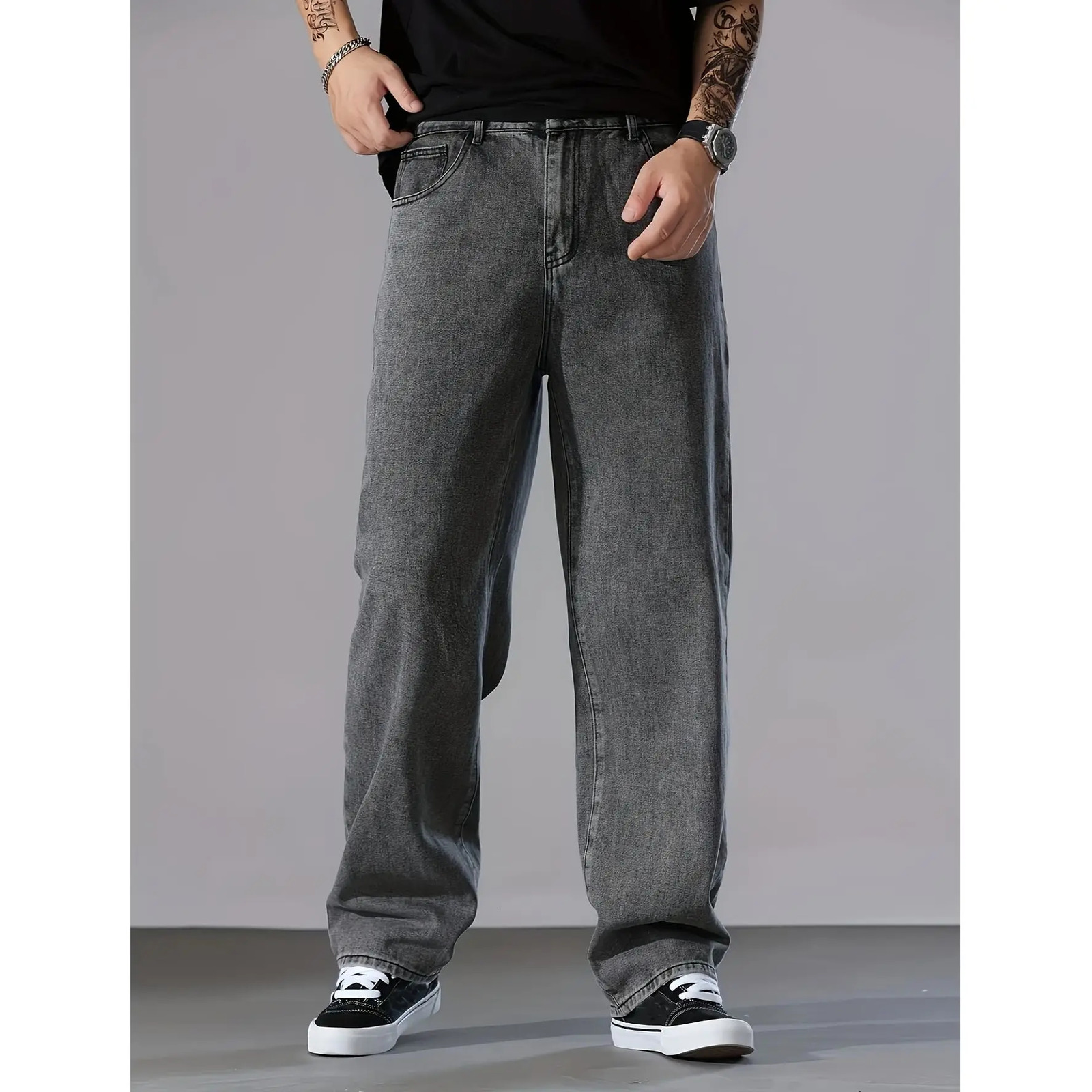 Large mens loose straight tube gray washed denim jeans suitable for all seasons versatile daily use wide leg pants 251205