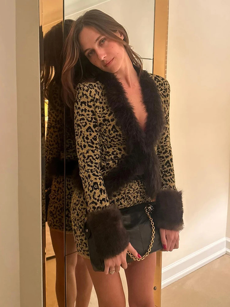 Kliou Leopard Print 2 Piece Set Woman Autumn Trend Furry Patchwork Full Sleeve TopsSkinny Mini Skirts Street Wild Style Outfits 251212