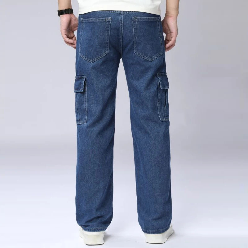 Baggy Straight Leg Jeans MultiPocket Washed Cargo Pants Autumn Fashion Plus Size Classic Blue Casual Retro Daily Denim Trousers 251205