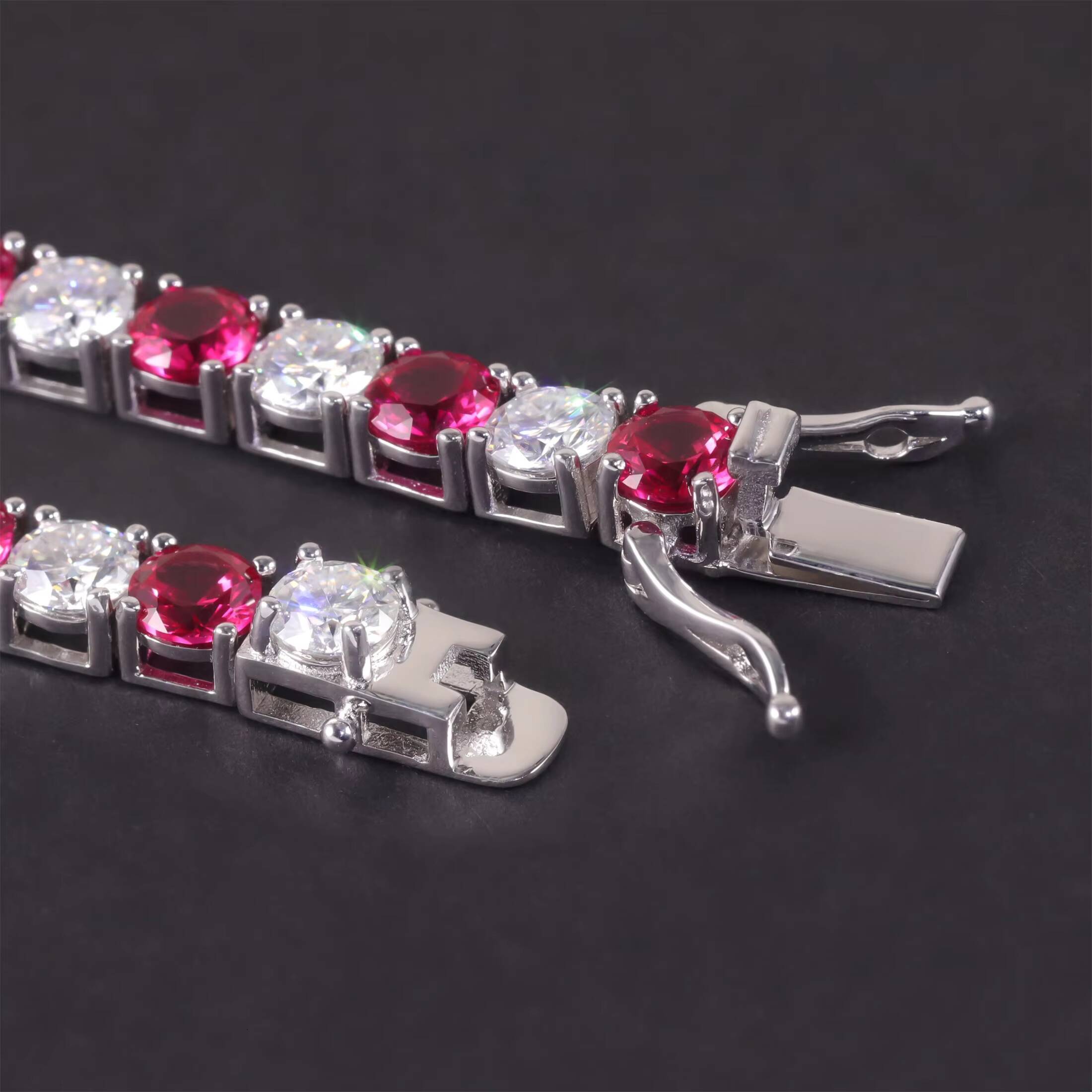 Two Tone S925 3MM 4MM 5MM Round Brilliant Cut White Moissanite Lab Grown Ruby 925 Sterling Silver Tennis Bracelet