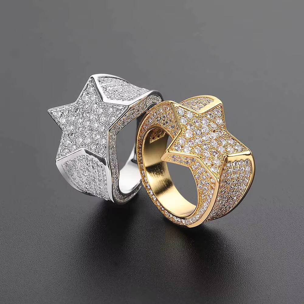 HipHop Mens Jewelry Full of Diamond Star Ring Real Gold Plating Iced Out Personality Micro Inlaid Zircon Ring
