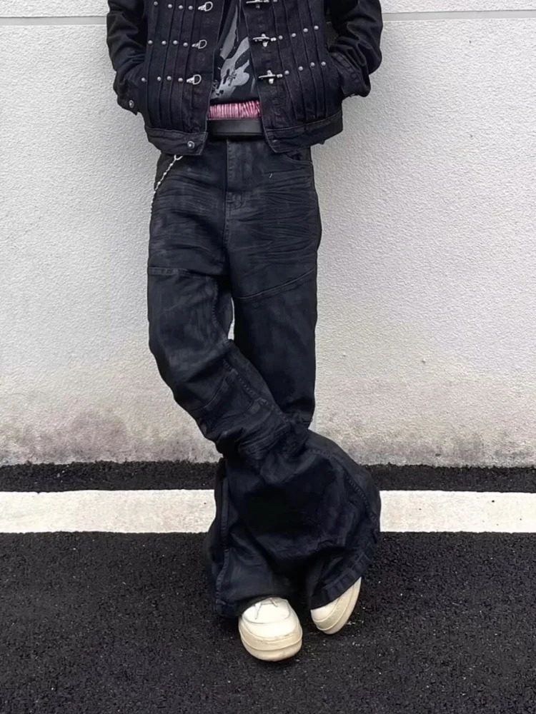 American Retro Y2K Streetwear Black Baggy Pleated Flared Jeans Pants For Men Clothing Gothic Rock Cotton Long Trousers 251212 - view 4