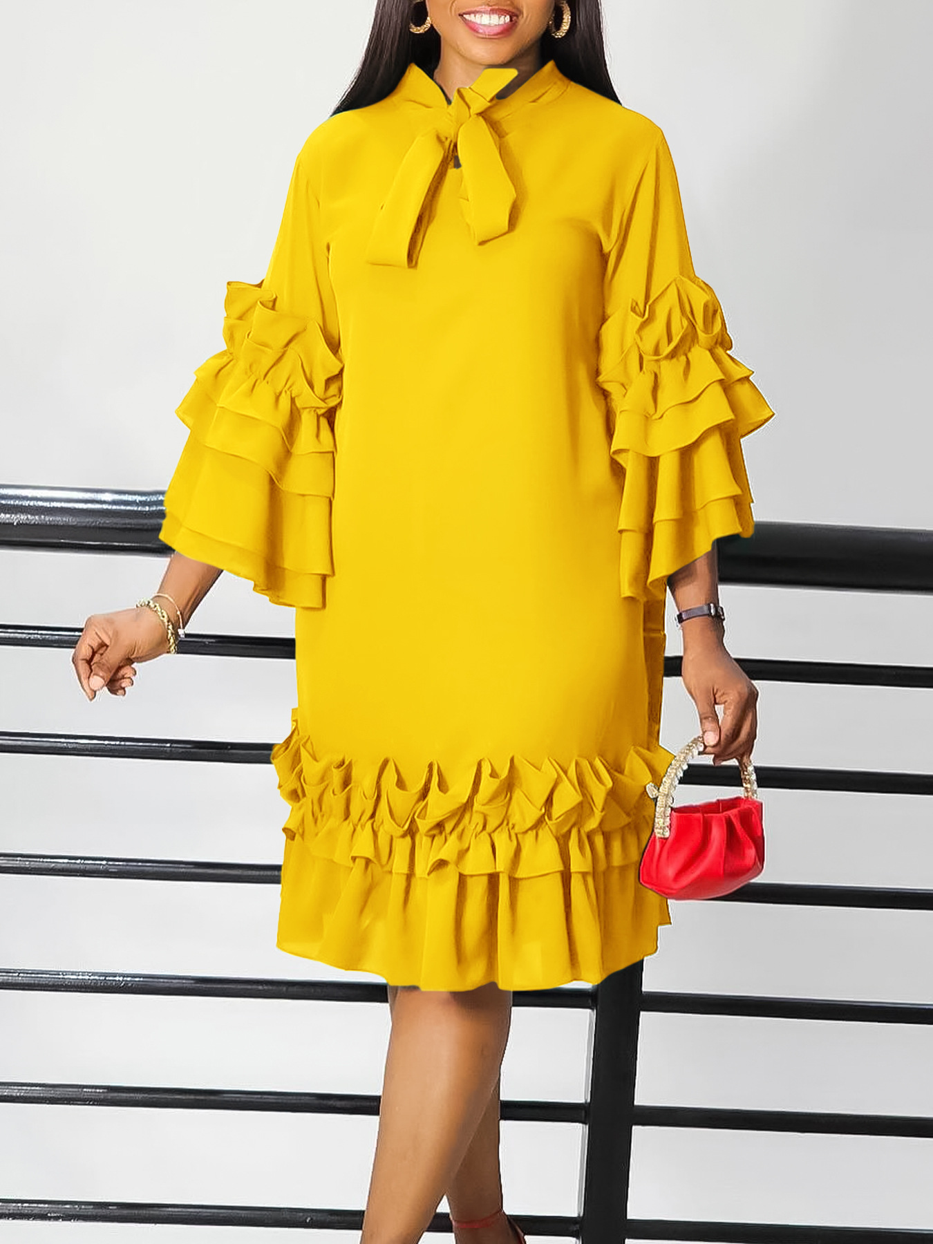 K6506 Summer/Autumn New Fashionable Casual Style Ruffled Bell Sleeve Plus Size Export Dress