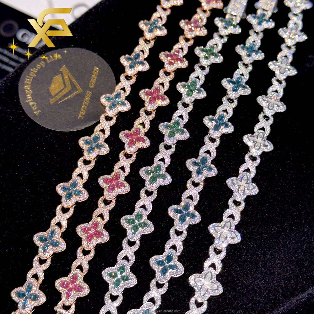 Hot Stunning Colorful Moissanite Clover Charm 13mm Four-Leaf Bracelet 925 Silver Cuban Chain Unisex