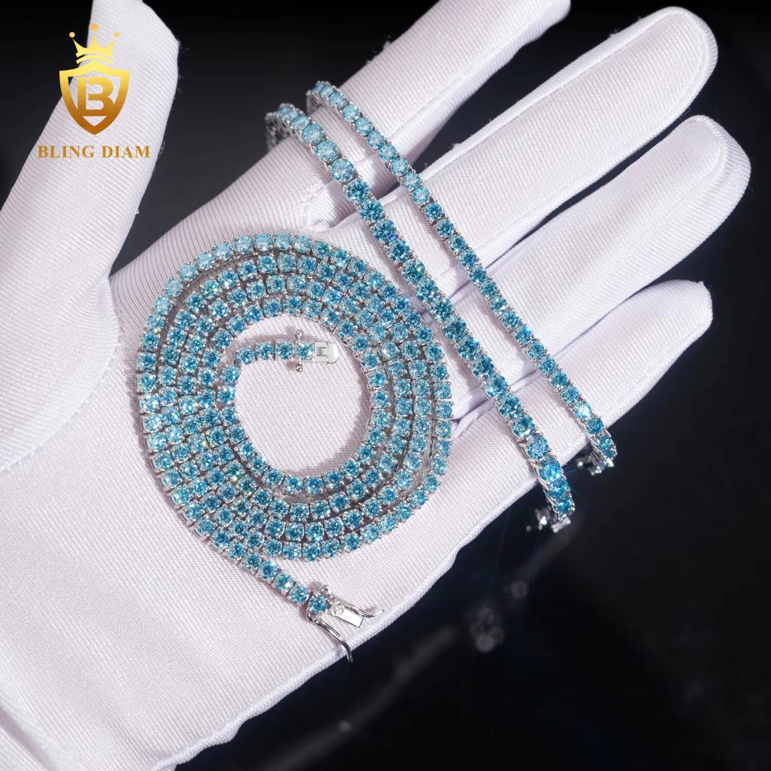 High Quality 925 Sterling Silver Iced Out Hip Hop Jewelry Sea Blue Moissanite 3mm 4mm 5mm Tennis Chain Necklace