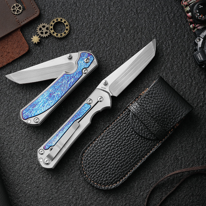 Crisp M390 Powdered Steel Pocket Knife with Holster, Lightning Pattern TC4 Titanium Handle, Camping Hunting EDC Folding Knife