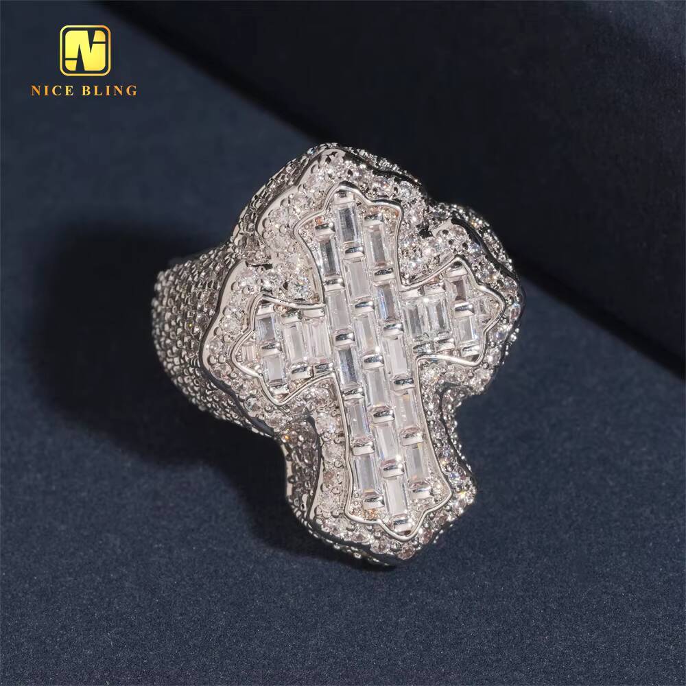 Fashion Jewelry Ring Baguette Hip Hop Brass 5A Cubic Zirconia Full Diamond Iced Out Jewelry Cross Rapper Ring for Men