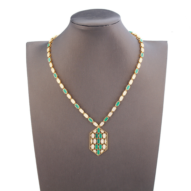 Creative Fashion Geometric Honeycomb Necklace Earrings Set Versatile Gold-Plated Colorful Stone Women's Elegant Sweater Chain Wholesale