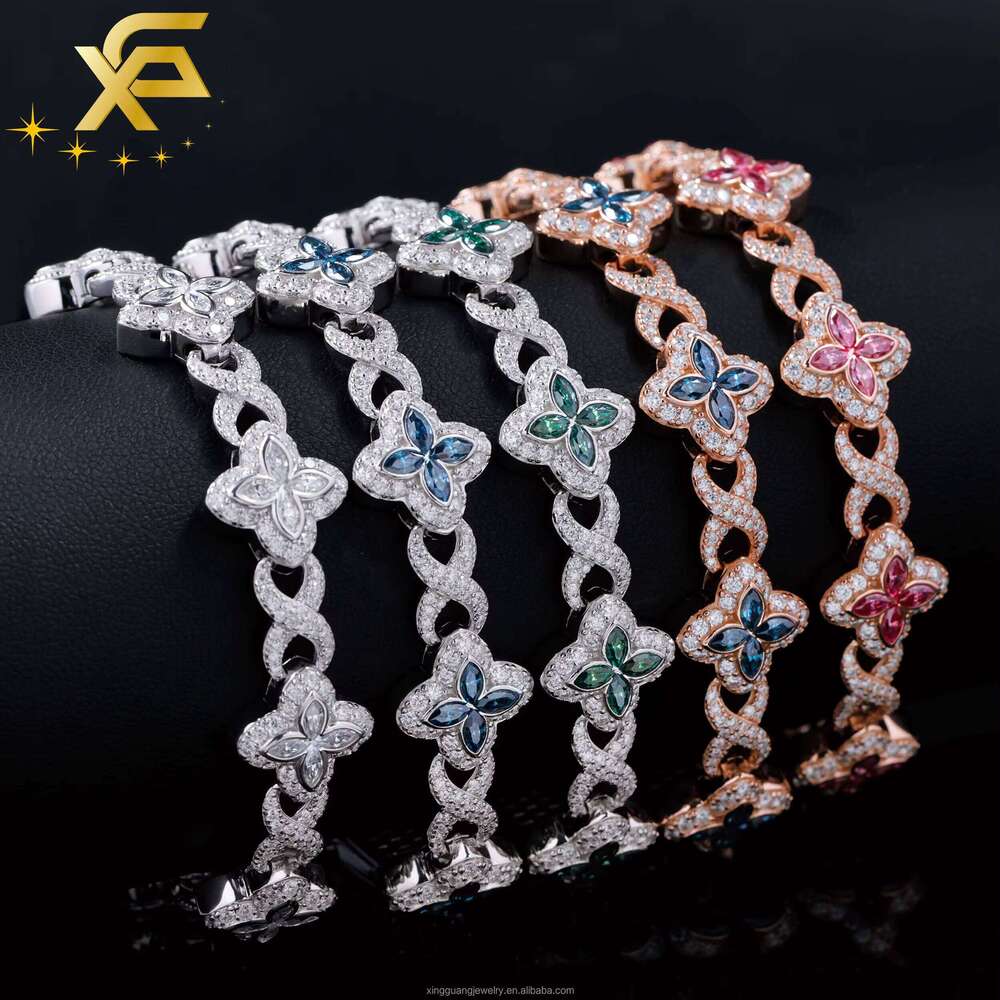 Hot Stunning Colorful Moissanite Clover Charm 13mm Four-Leaf Bracelet 925 Silver Cuban Chain Unisex