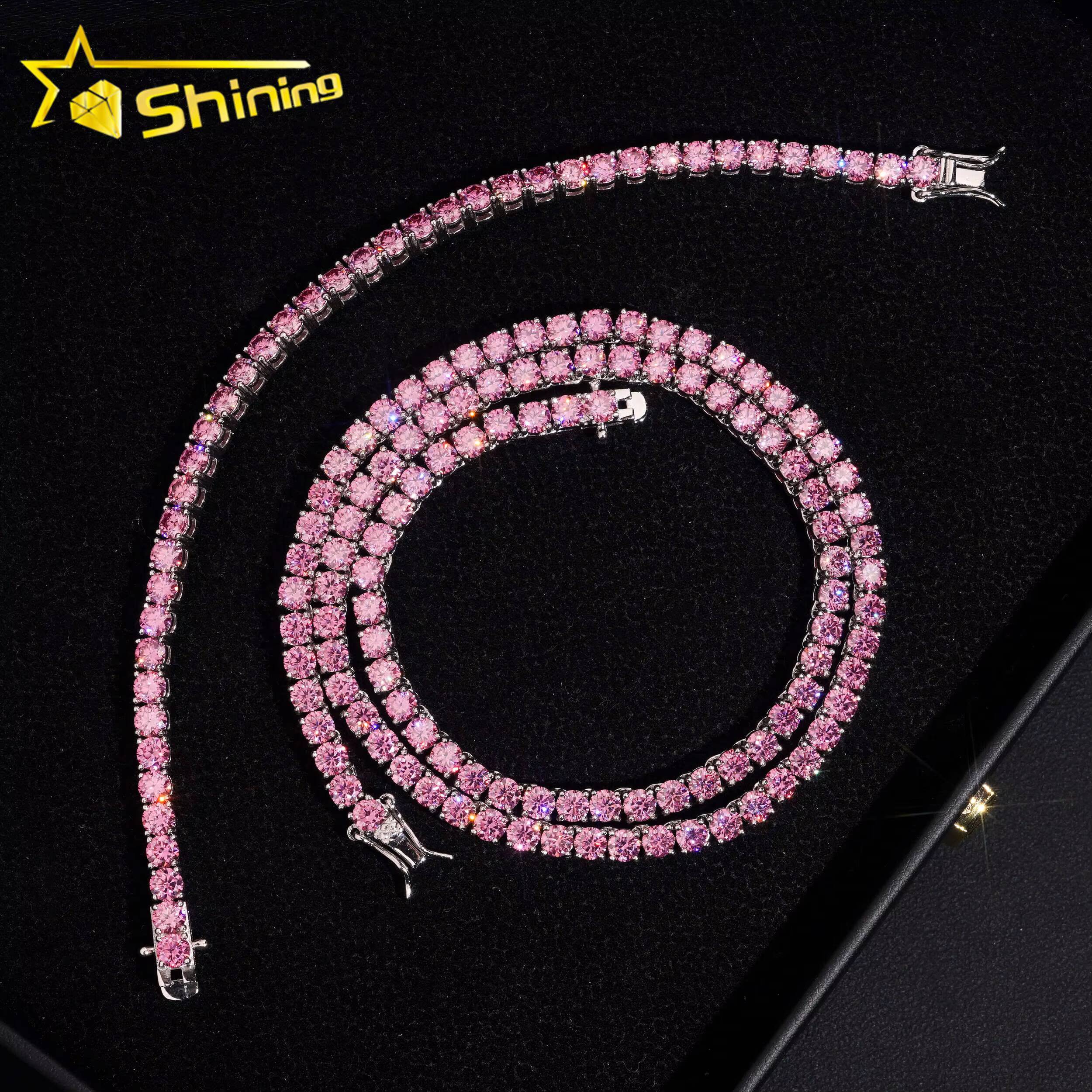 New Arrival 925 Silver 3mm 4mm Pink Color Moissanite Necklace Hip Hop Iced Out Men Women Choker Tennis Chains