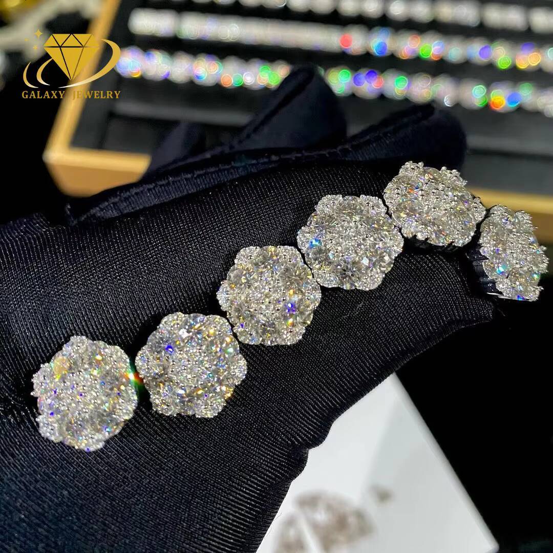 Hotsale Iced Out Hiphop Diamond Earring Silver 925 Vvs Moissanite Stud Earrings Iced Out Cluster Flower Stud Earrings