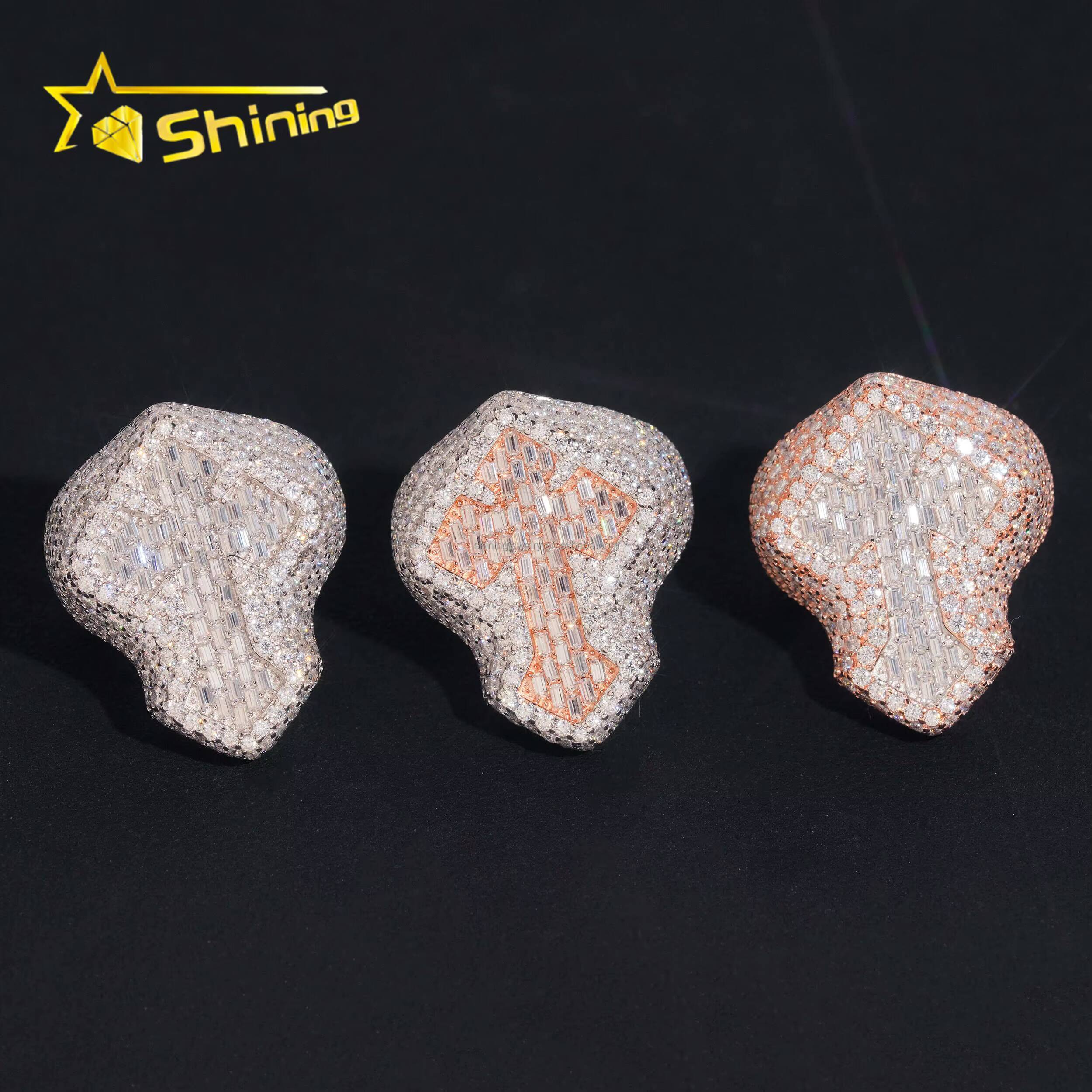 Bulk Stock Wholesale Price Hip Hop Fire Jewelry Man S925 Solid Silver Iced Out VVS1 Moissanite Diamond Cross Ring Man Gift