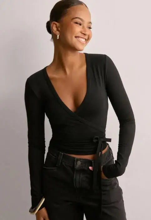 Athleisure Womens Sexy Elegant Fashion Wrap V Neck Tops Solid Stylish Long Sleeve Workout TShirt for Daily Life Sports Time 251211