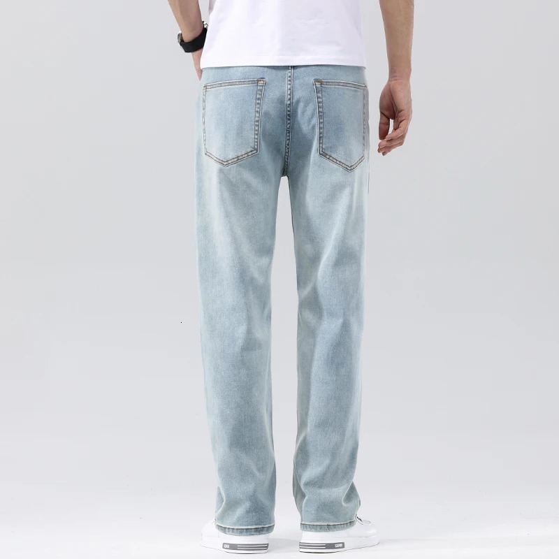 Pure Cotton Elastic Mens Casual Jeans Classic Loose Straight Wide Leg Pants High Quality Washed Denim Trousers 251205