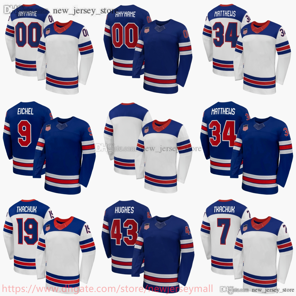 2026 New Team USA Hockey 34 Auston Matthews Jersey Royal Home White Away Replica 9 Jack Eichel 19 Matthew Tkachuk 7 Brady Tkachuk 43 Quinn Hughes Jerseys Ice Sport Wears