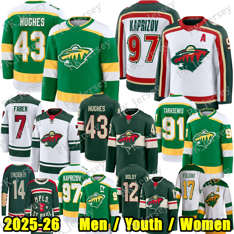#43 Quinn Hughes mn hockey jersey #97 Kirill Kaprizov Matt Boldy Brock Faber wild Mats Zuccarello Tarasenko Sturm Jared Spurgeon Trenin Foligno Joel Eriksson Ek jersey