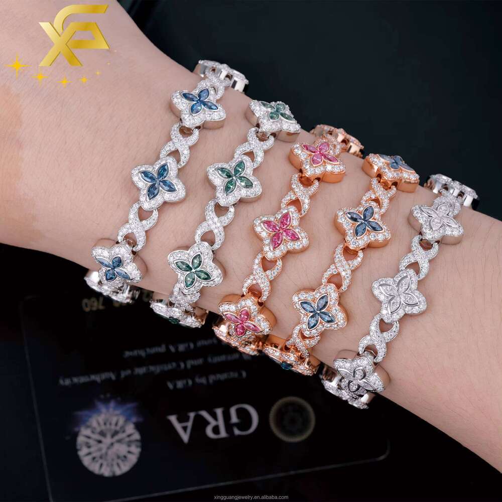 Hot Stunning Colorful Moissanite Clover Charm 13mm Four-Leaf Bracelet 925 Silver Cuban Chain Unisex