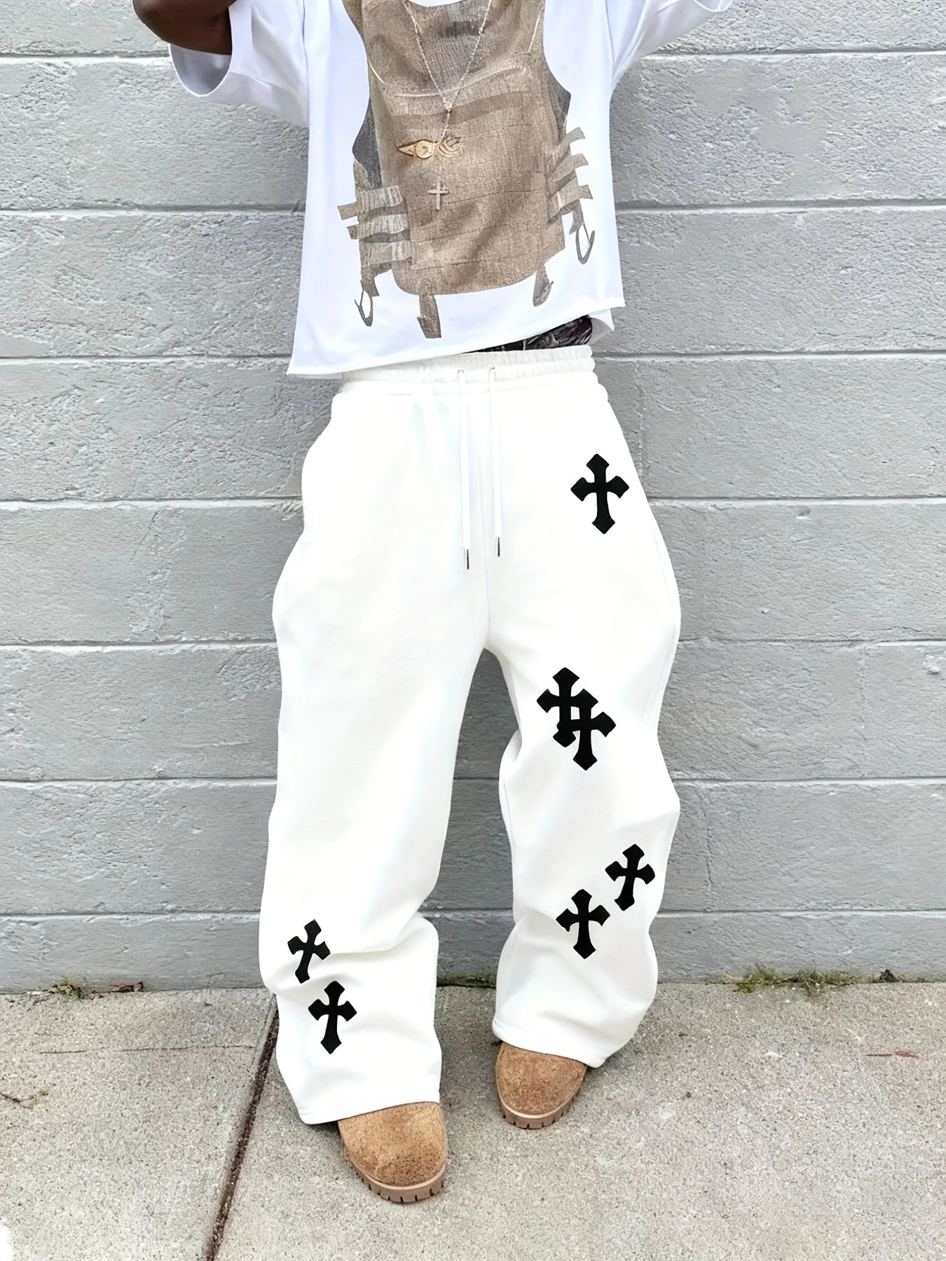 Trendy Mens Black Wide Leg Pants Large White Cross Print Street Hip-Hop Pants Loose Casual Jogging Pants Gothic Fashion 251211