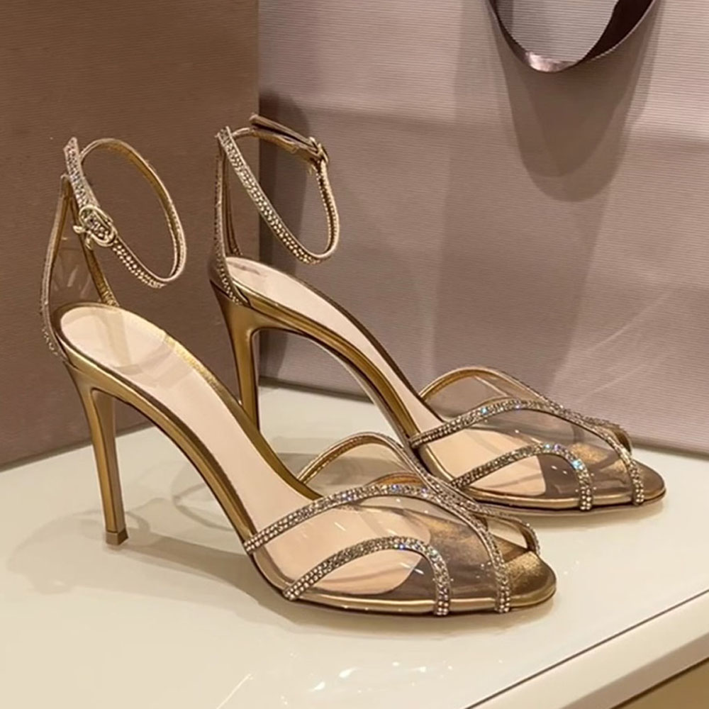 stiletto heel sandals women Party shoes Buckle10.5cm metallic heel pumps rhinestone Evening shoes Genuine Leather Ankle strap wrapping high Heeled luxury sandals