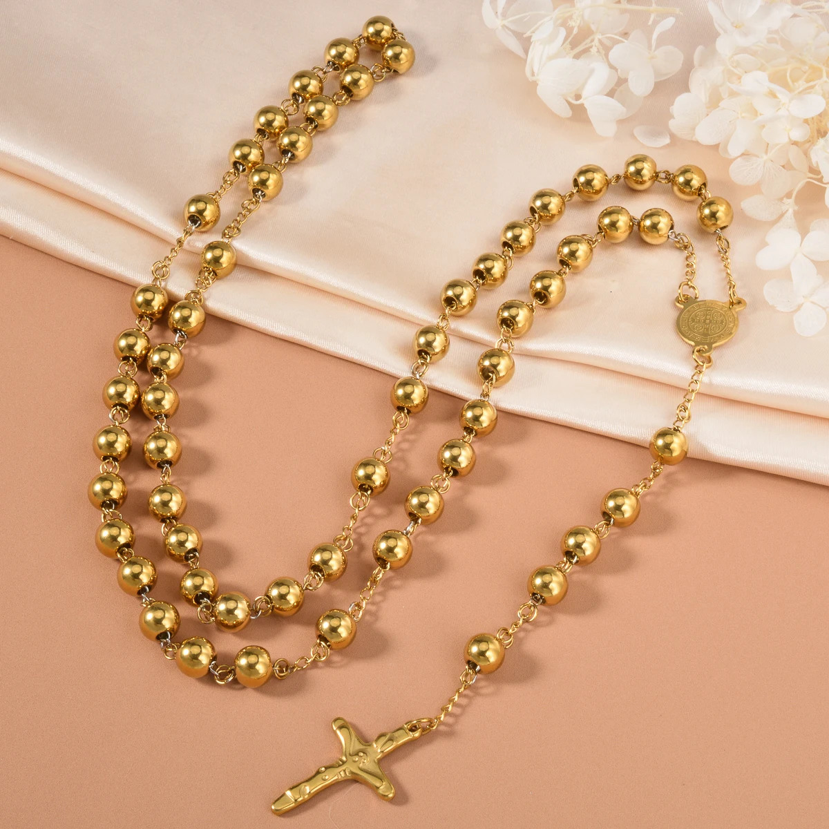 Gold Plated Rosary Beads Necklace with Jesus Cross Pendant Catholic Religious Jewelry Long Chain for Prayer Devotion Gift 251209