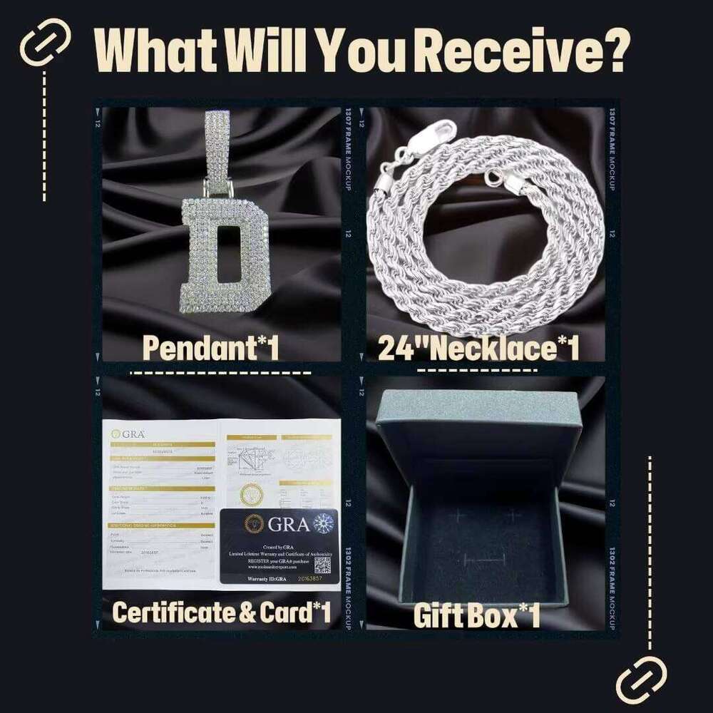 Moissanite Name Pendant Necklace for Men and Women Solid 925 Sterling Silver White Gold Plated A-Z Letter Iced Out Personalized Jewelry