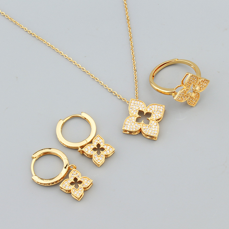 Minimalist Fresh Hollow Full Diamond Lucky Clover Necklace Jewelry Three-Piece Set Gold-Plated Earrings Ring 33 1B