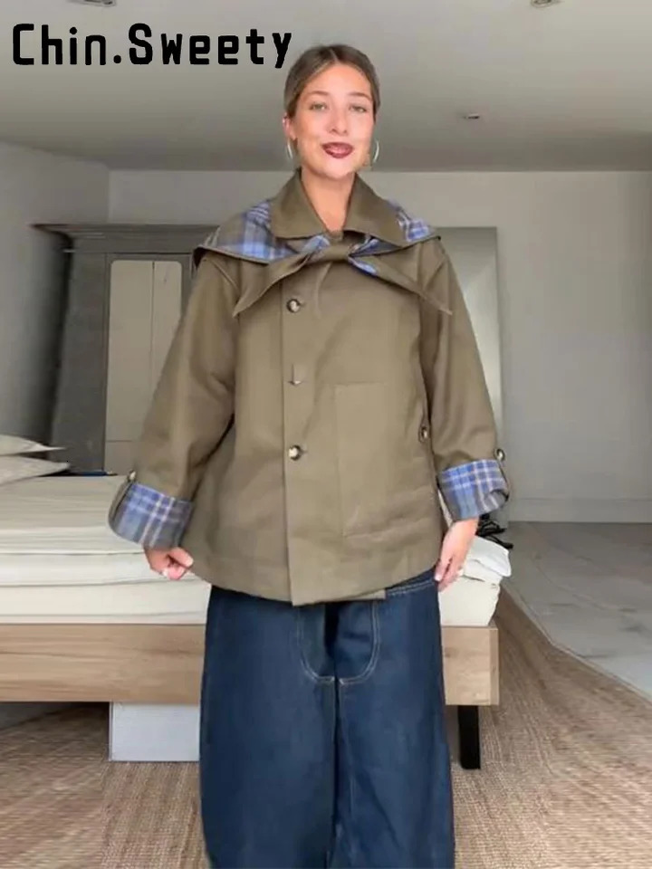 Vintage Plaid Reversible Two-Way Coat Women Oversize Single Breasted Pocket Loose Jacket 2025 Aautumn Lady Chic Outwears251205ww