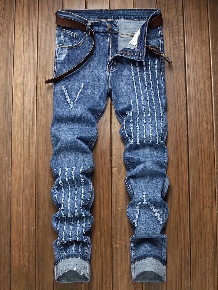 Spring and Autumn Mens Straight Pull up Denim Jeans with High Elasticity Washed Blue Slimming Pants Large Size 251205