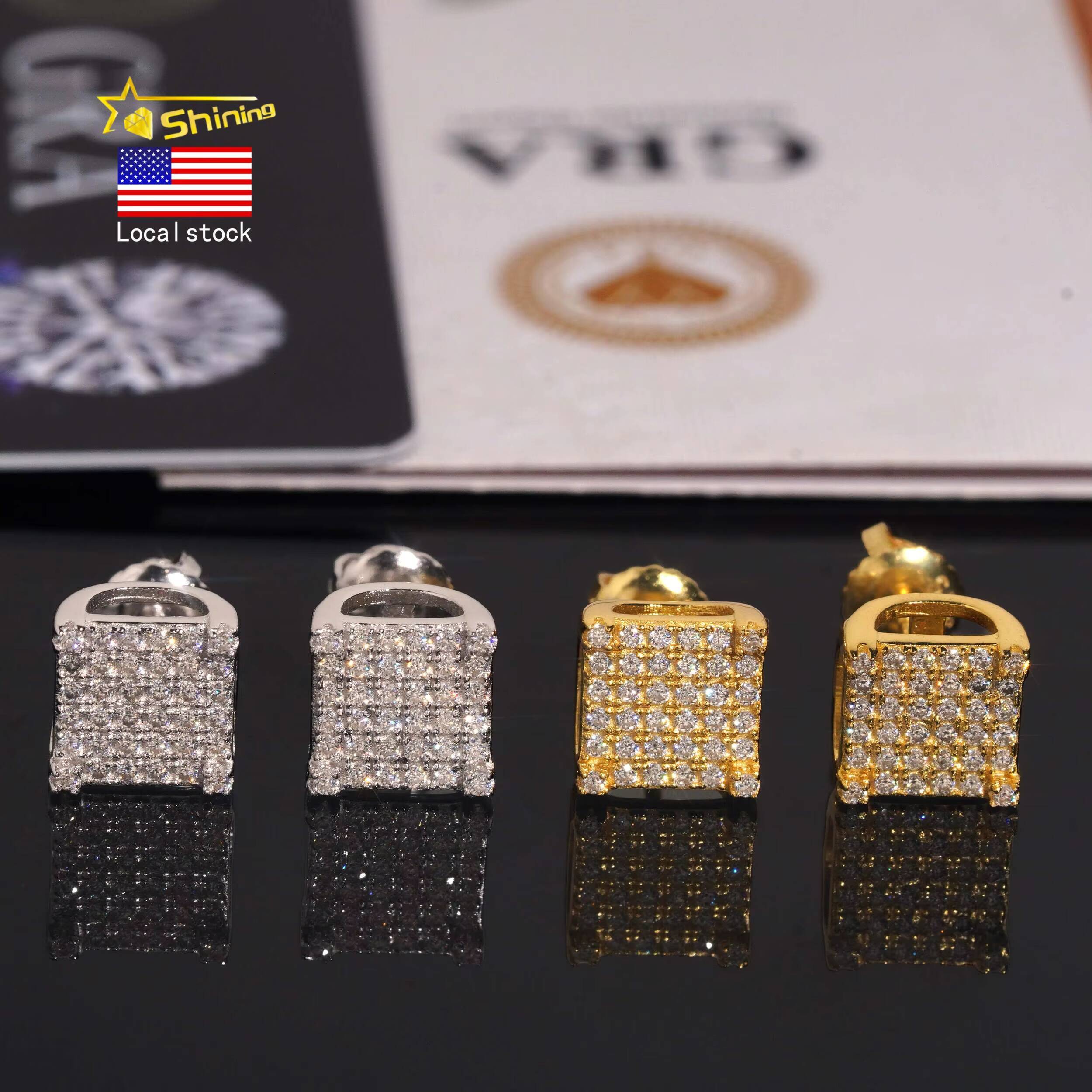 Wholesale Price Gold Plated 925 Silver 8mm Width Moissanite Earrings Hip Hop Jewelry Men Women Moissanite Ear Studs