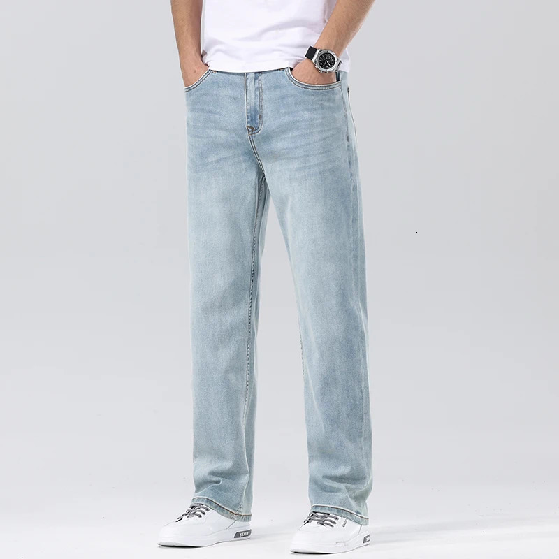 Pure Cotton Elastic Mens Casual Jeans Classic Loose Straight Wide Leg Pants High Quality Washed Denim Trousers 251205