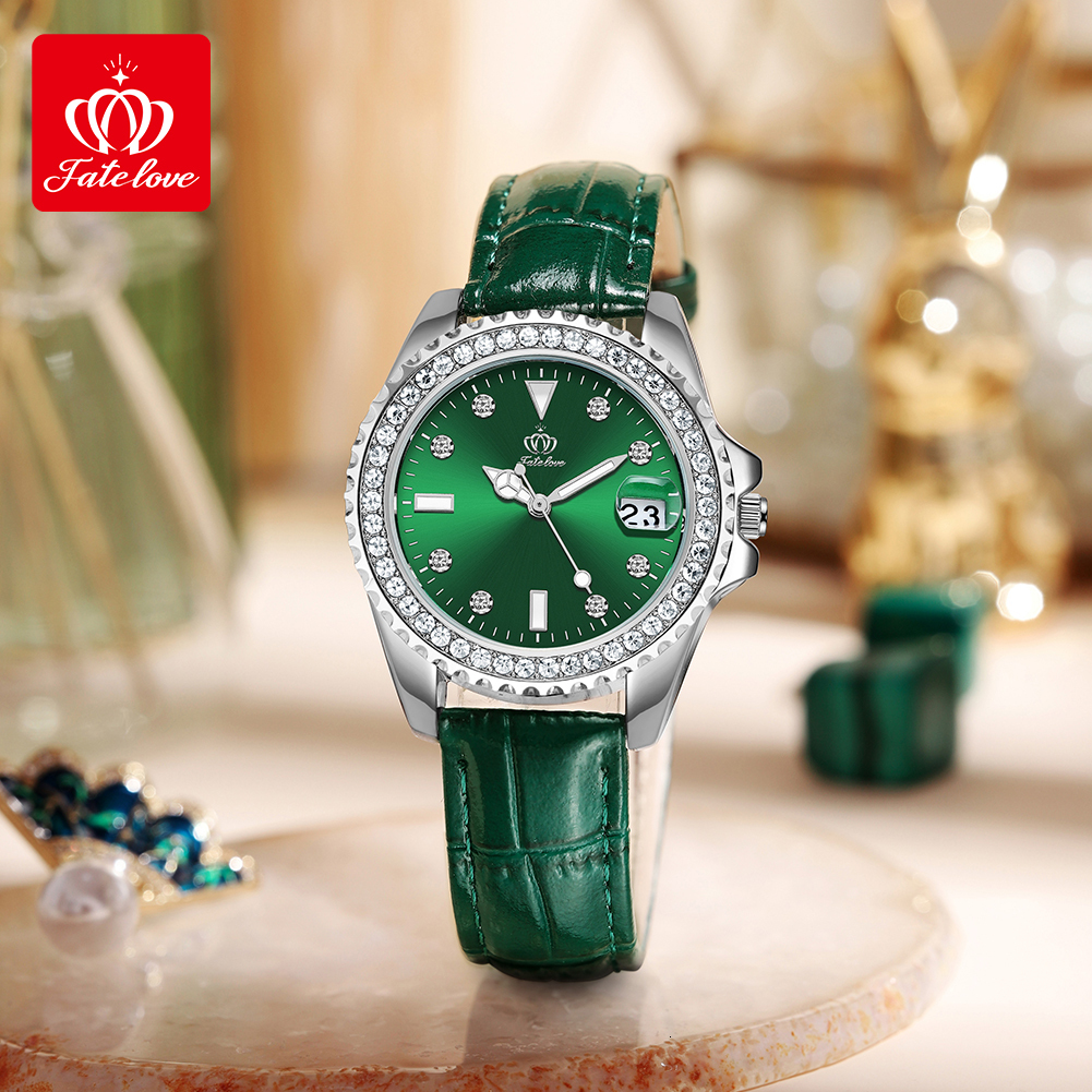 Fatelove Moissanite Inlaid Designer Watch With Green Dial Luxurious And Fashionable Women's Watch Leather Strap Quartz Men's Watch Waterproo