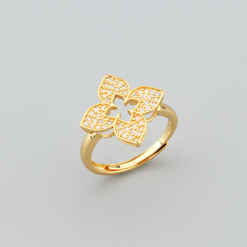 Minimalist Fresh Hollow Full Diamond Lucky Clover Necklace Jewelry Three-Piece Set Gold-Plated Earrings Ring 33 1B