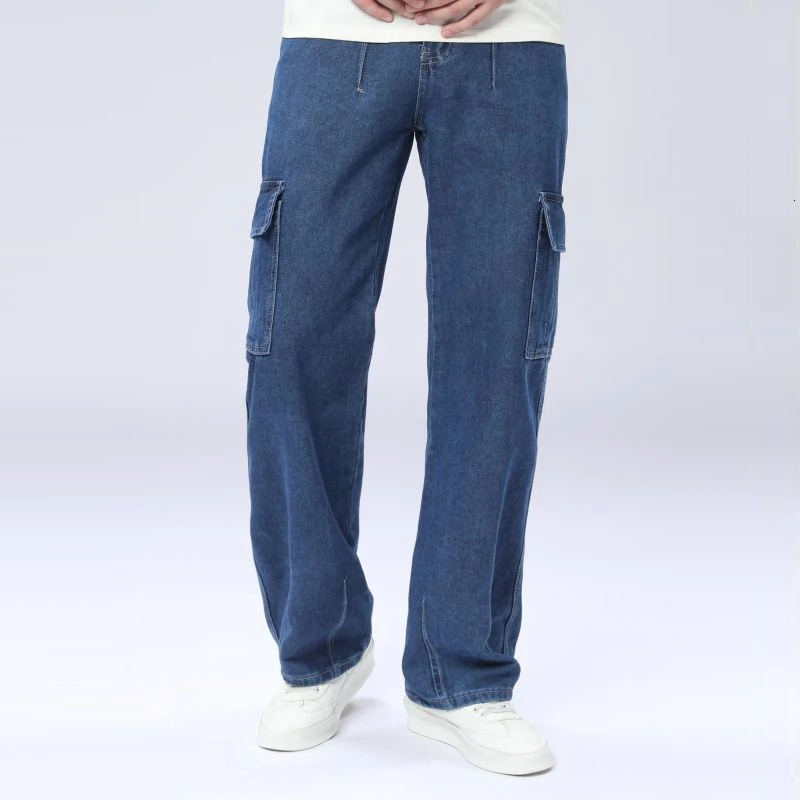 Baggy Straight Leg Jeans MultiPocket Washed Cargo Pants Autumn Fashion Plus Size Classic Blue Casual Retro Daily Denim Trousers 251205