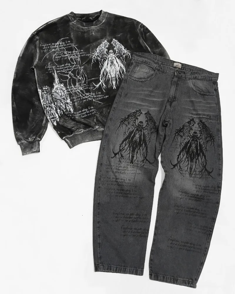 Punk Dark Angel Print Washed Distressed Jeans Men Harajuku Y2K Streetwear Trouser Gothic Retro Casual Straight Pants 251205