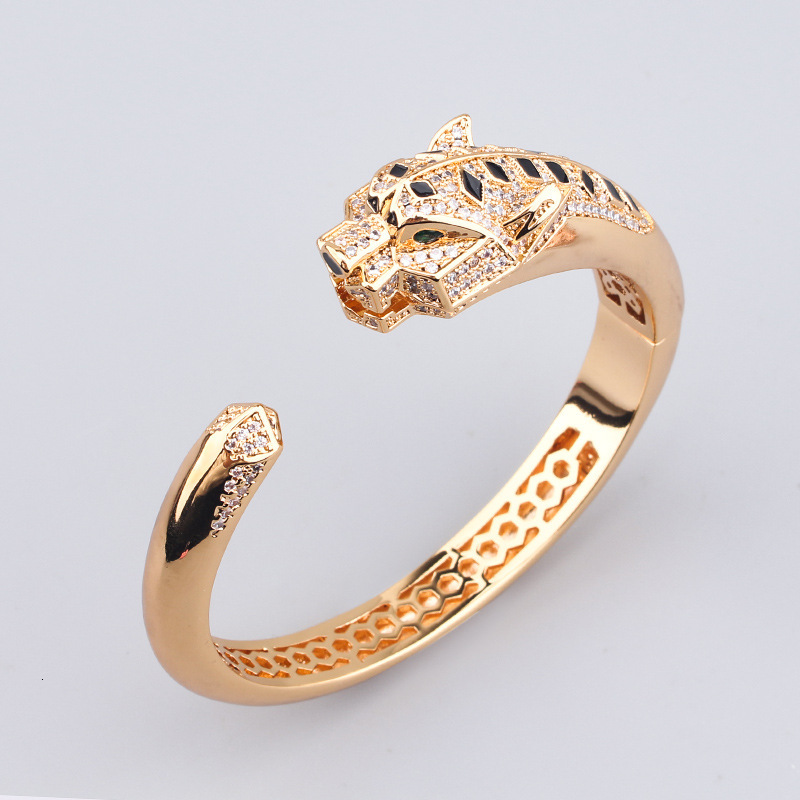 Cross-Border Copper Gold-Plated Diamond-Inlaid Mechanical Leopard Head Bracelet Women's Bracelet Animal Jewelry