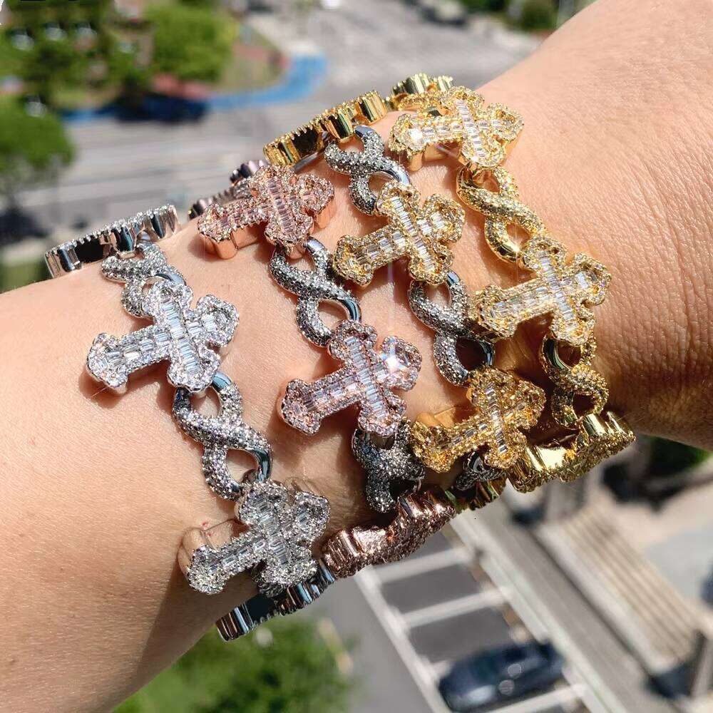 Iced Cubic Zirconia Hip Hop Men's Cross Infinity Bracelet Cuban Chain Rapper Christian Jewelry