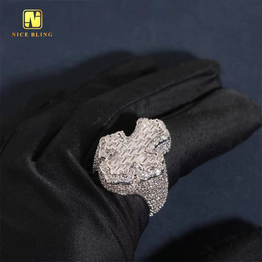 Fashion Jewelry Ring Baguette Hip Hop Brass 5A Cubic Zirconia Full Diamond Iced Out Jewelry Cross Rapper Ring for Men