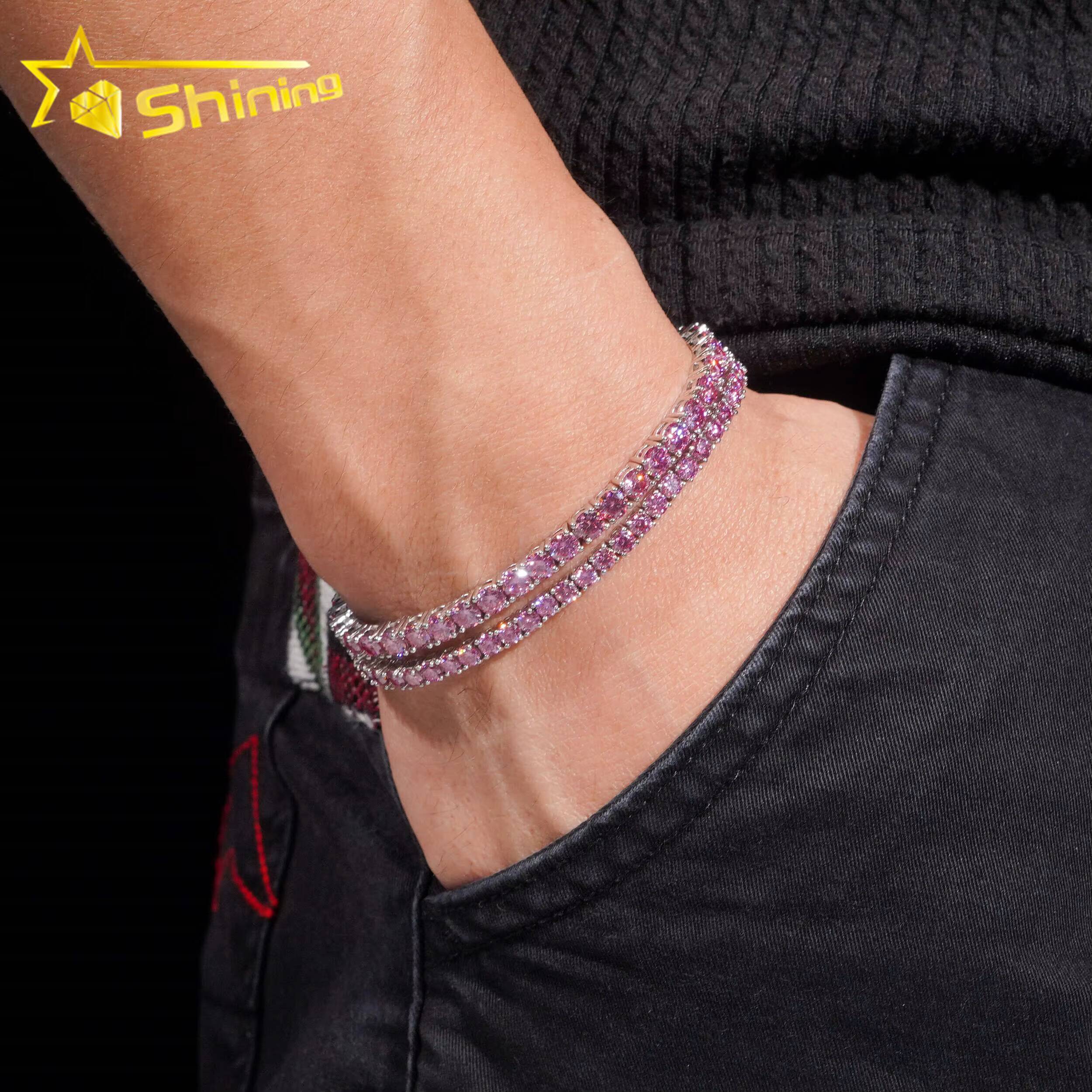 New Arrival 925 Silver 3mm 4mm Pink Color Moissanite Necklace Hip Hop Iced Out Men Women Choker Tennis Chains