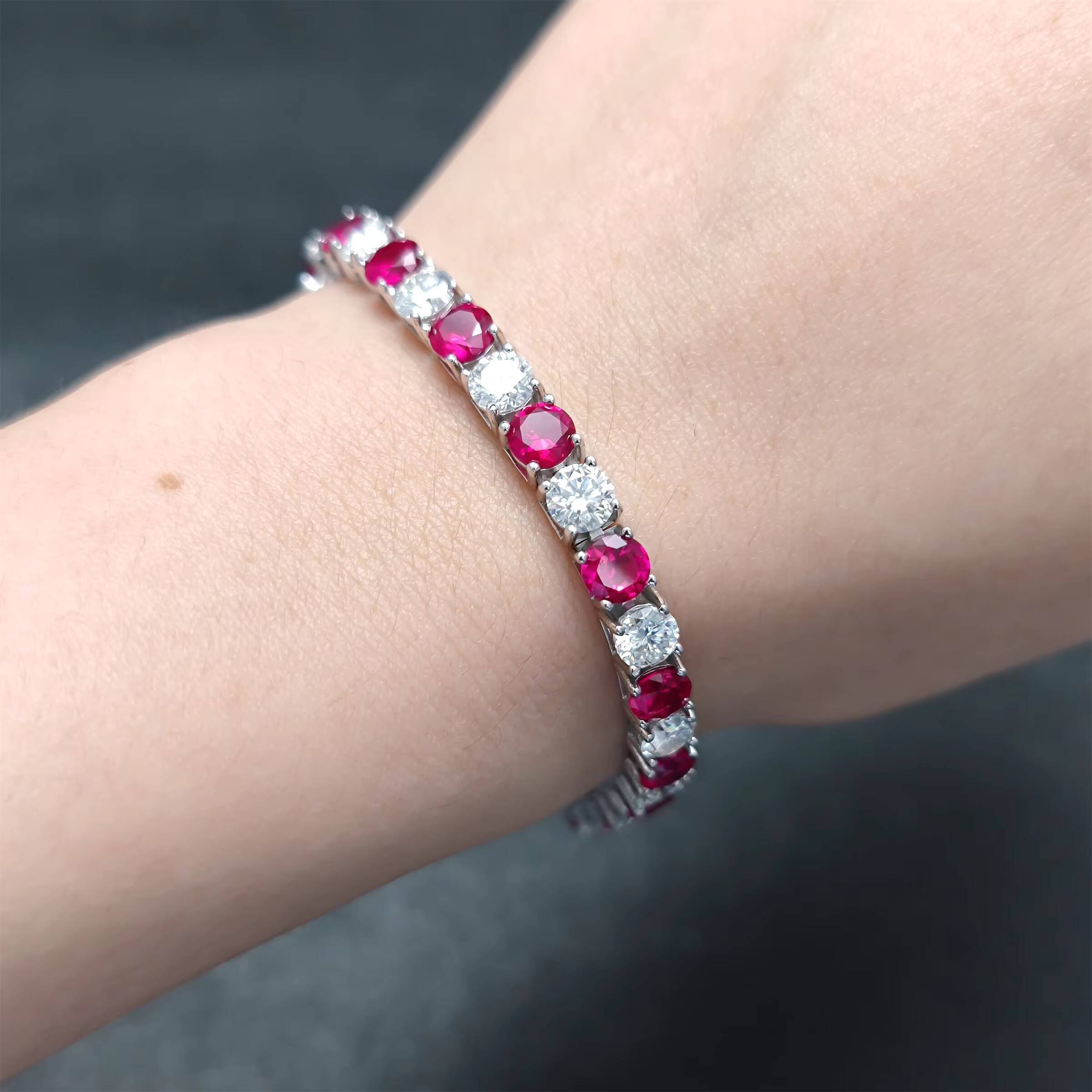 Two Tone S925 3MM 4MM 5MM Round Brilliant Cut White Moissanite Lab Grown Ruby 925 Sterling Silver Tennis Bracelet