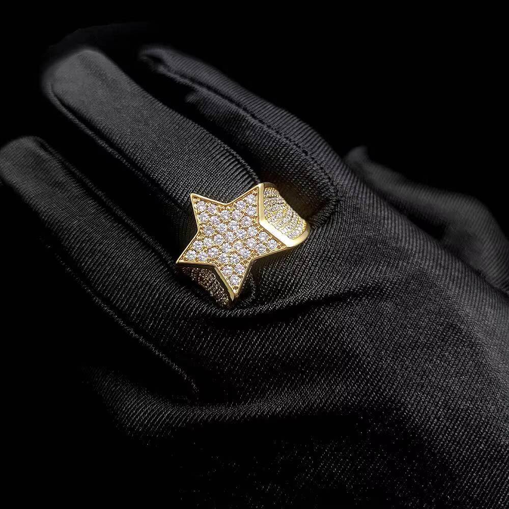 HipHop Mens Jewelry Full of Diamond Star Ring Real Gold Plating Iced Out Personality Micro Inlaid Zircon Ring