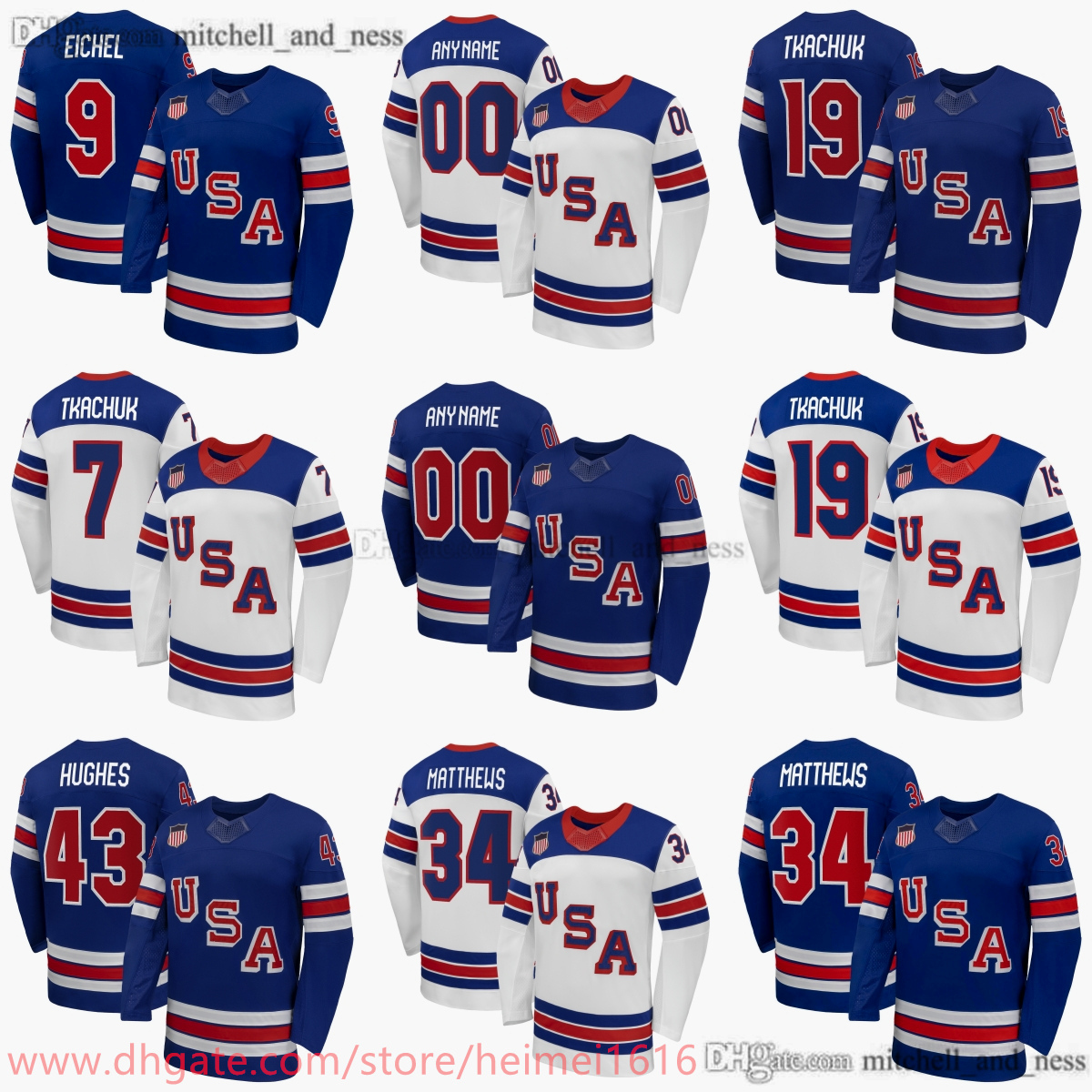 2026 New S-6XL Team USA Hockey 34 Auston Matthews Jersey Royal Home White Away Replica 7 Brady Tkachuk 9 Jack Eichel 19 Matthew Tkachuk 43 Quinn Hughes Jerseys Ice Sport