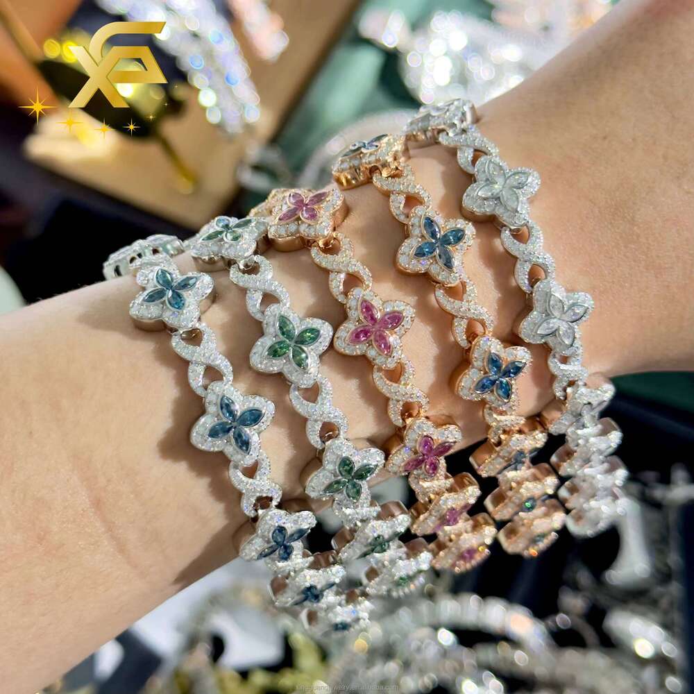 Hot Stunning Colorful Moissanite Clover Charm 13mm Four-Leaf Bracelet 925 Silver Cuban Chain Unisex