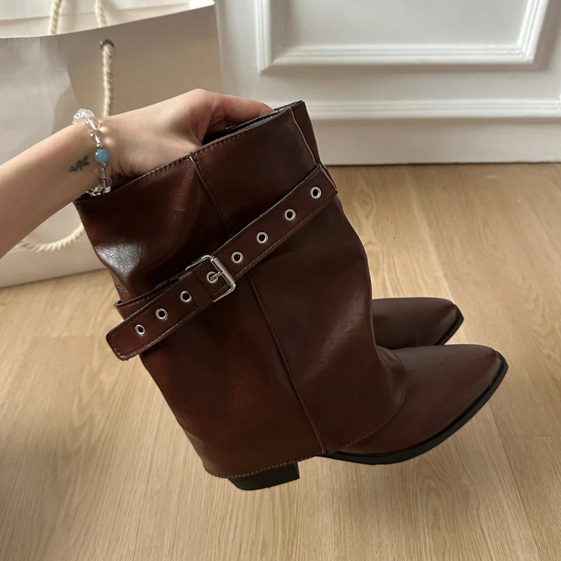 Inner Heightened Belt Buckle Boots Women Women British Style Booties Trouser Leaf Boots Mid-Leg Knight Boots 251212